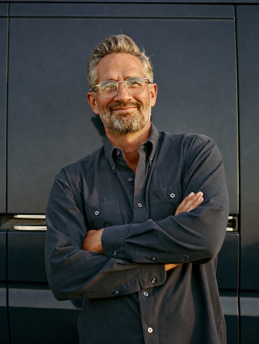 Dan Hartwell, the fictional third-generation owner, at the Leonard Street shop door with the navy work van behind him