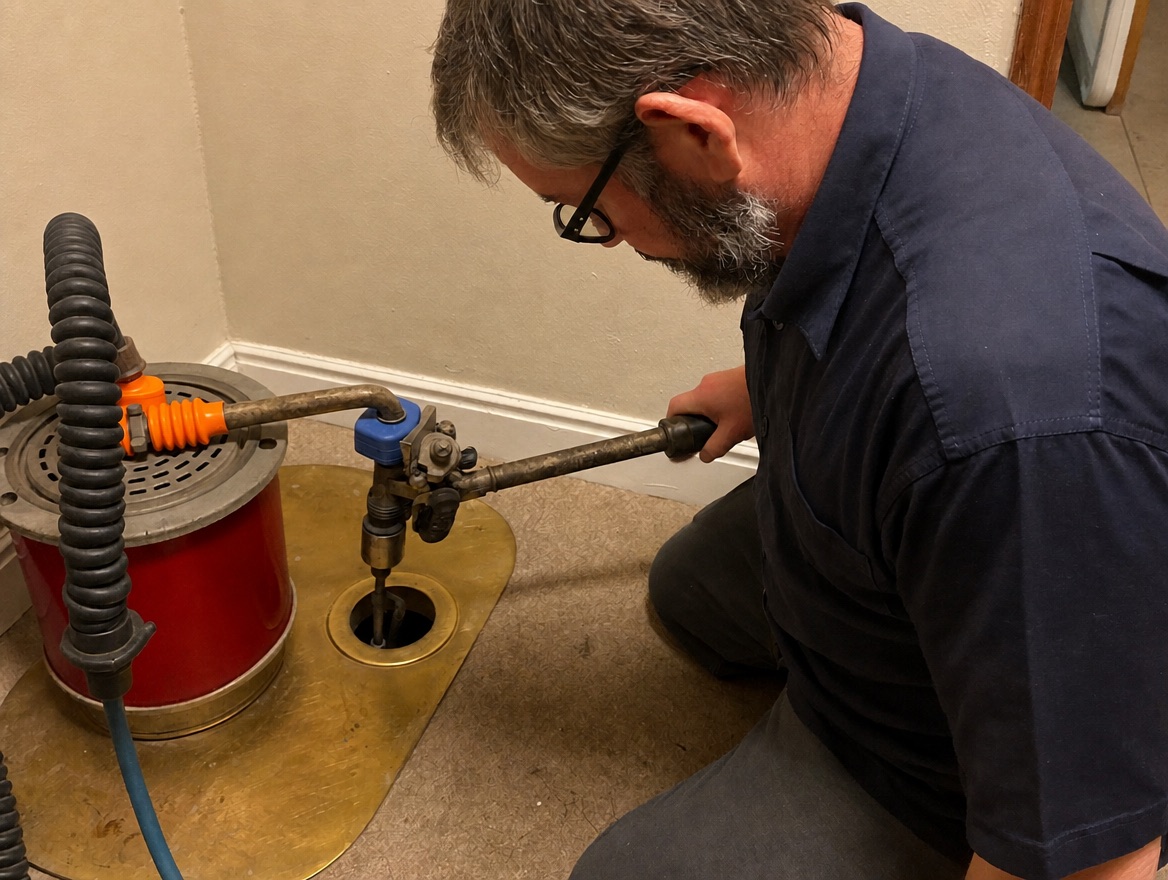 A Hartwell plumber running a drain cabling machine at a basement cleanout, camera monitor beside him