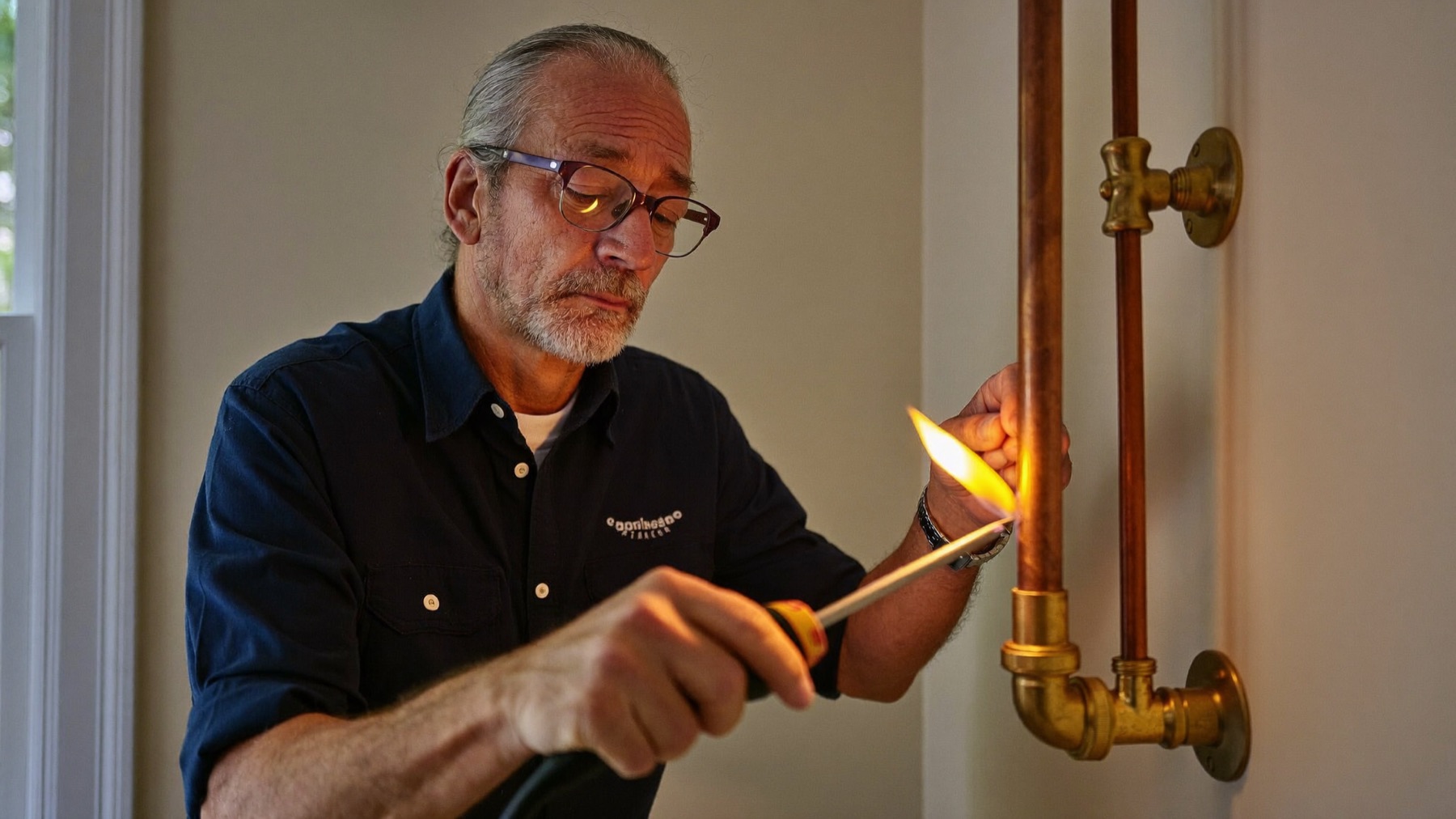 A Hartwell plumber soldering a copper pipe joint during a fitting repair