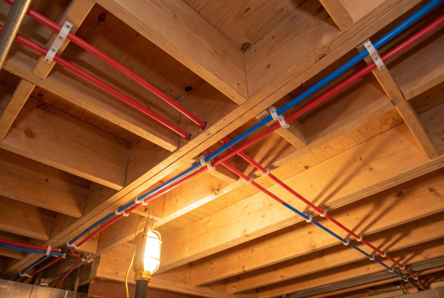 Fresh red and blue PEX runs fanned through open basement joists during a repipe