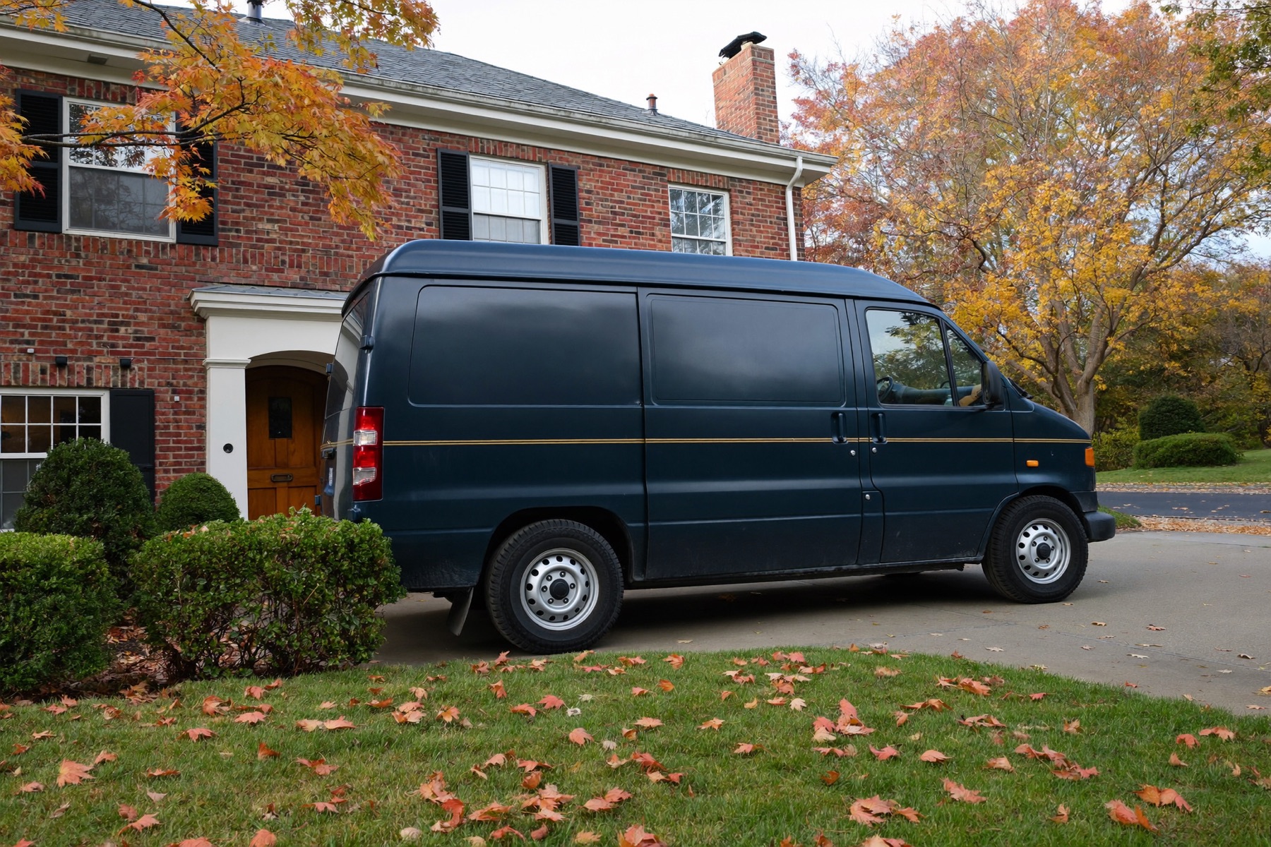 Hartwell's navy service van in clean livery parked in the driveway of a brick west-side bungalow